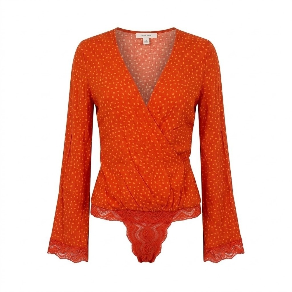 NEW Free People Intimately Terracotta Orange Polka Dot Wrap Bodysuit Blouse XS
